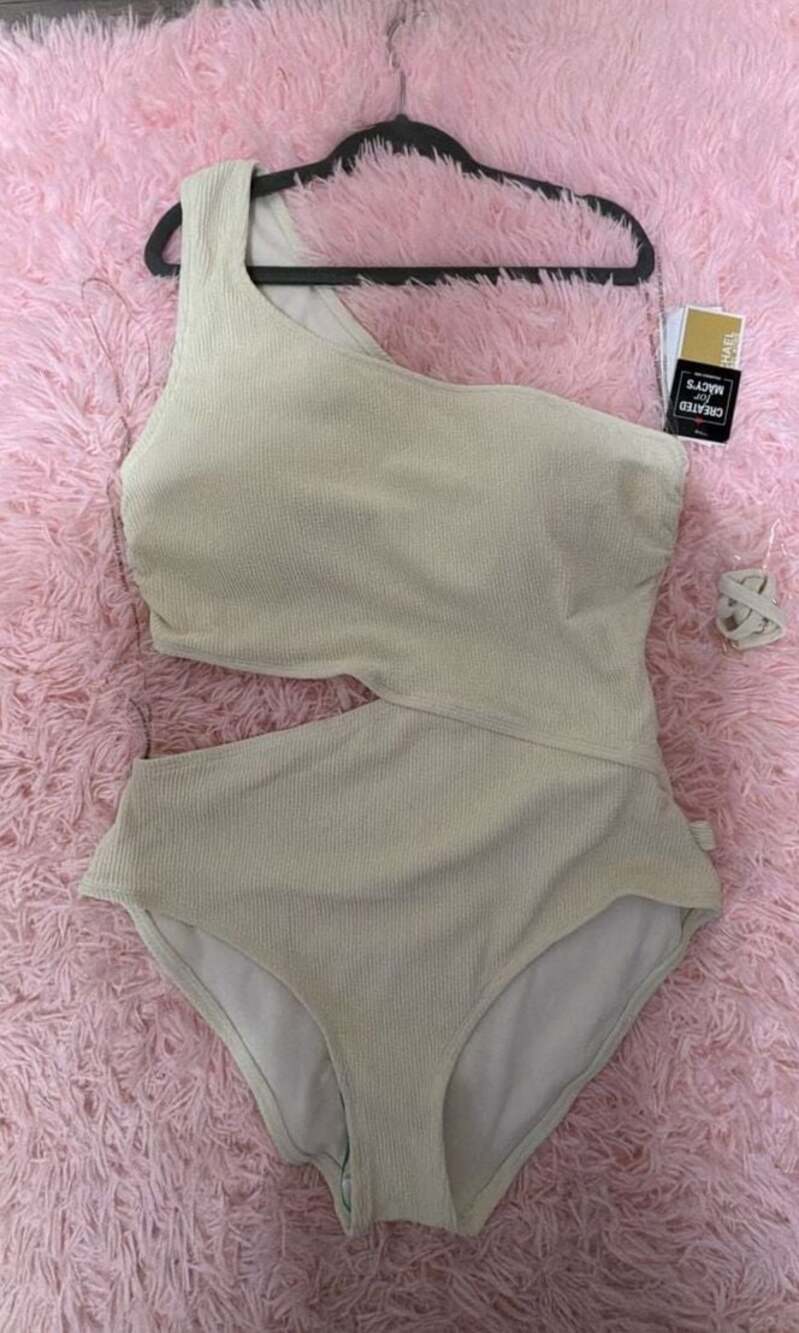 MICHAEL Michael Kors Ribbed One-Shoulder Cut-Out One-Piece Swimsuit in Bone